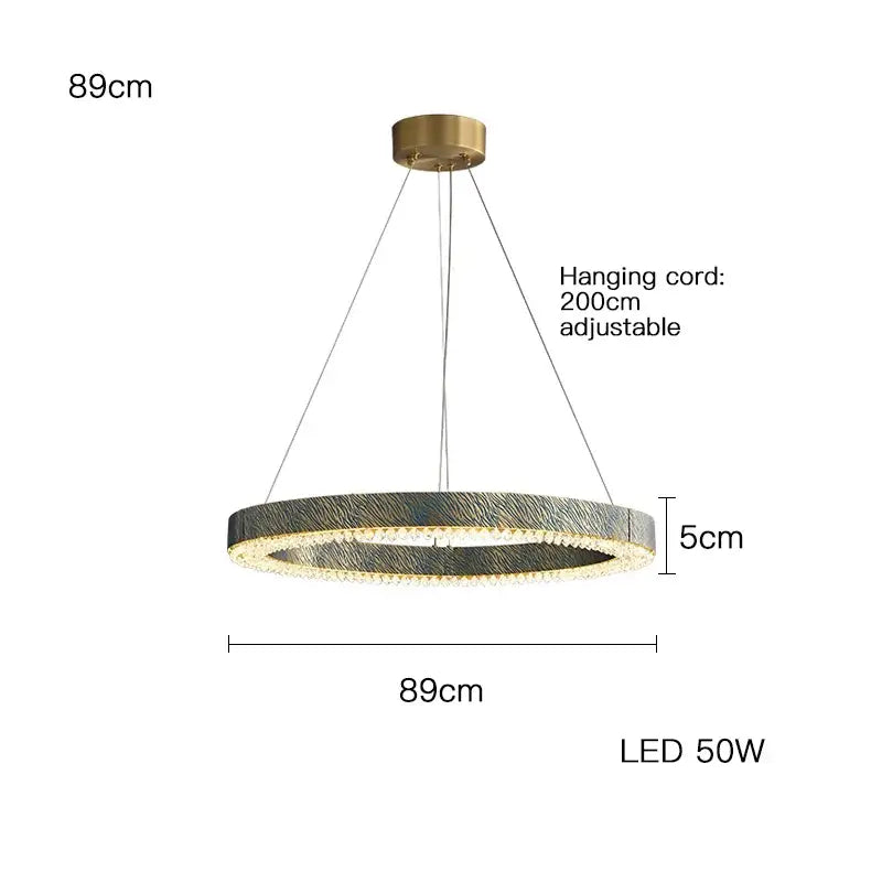 Modern rectangular blue copper crystal led chandelier with circular textured metallic gray ring and crystal accents for dining room decorbites blue copper copper crystal led