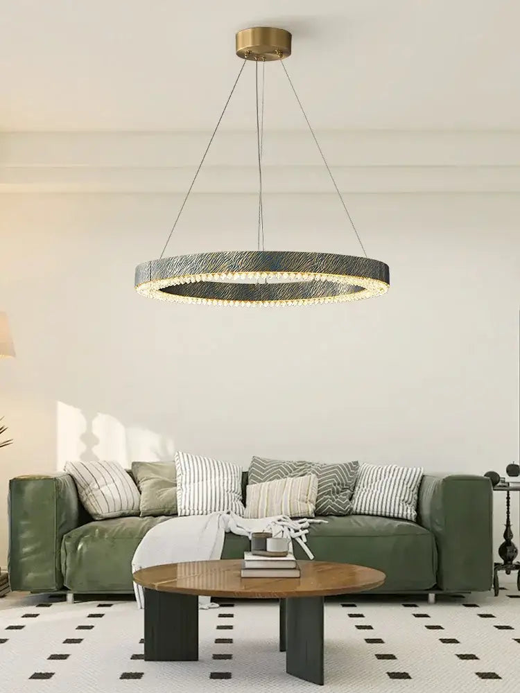 Modern rectangular blue copper crystal led chandelier with textured dark gray ring and brass finish for dining room decorbites blue copper
