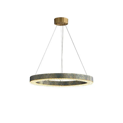 Modern rectangular blue copper crystal led chandelier with circular textured dark metallic ring and brass ceiling mount decorbites blue copper