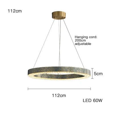 Modern circular led chandelier with textured copper ring and blue copper crystal accents for dining room decorbites blue copper