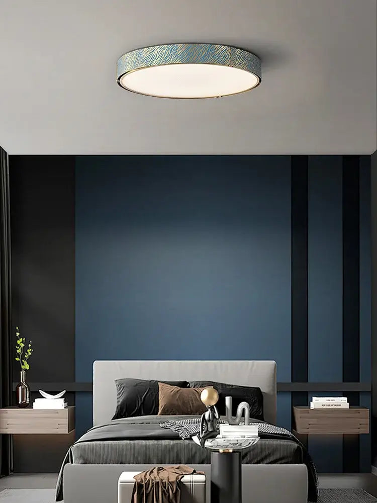 Modern rectangular blue copper crystal led chandelier with circular ceiling light and textured iridescent blue silver finish