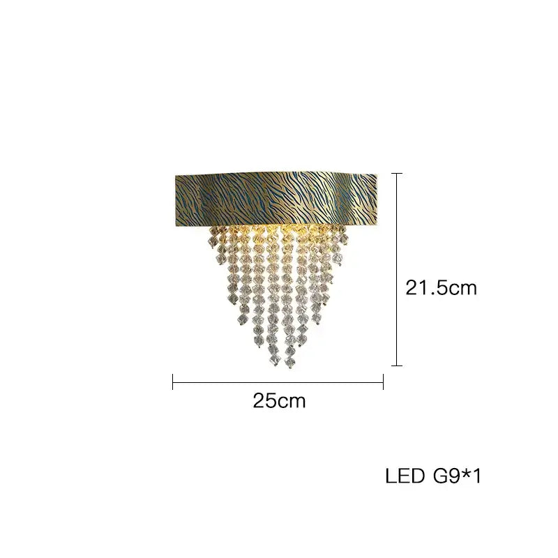 A modern wall-mounted blue copper crystal led chandelier with rectangular zebra-print metal plate and faceted beads