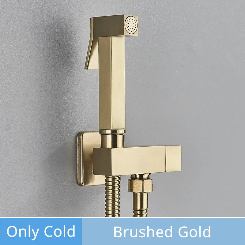 Brushed gold brass bidet faucet handheld shower sprayer with square design and flexible hose from decorbites