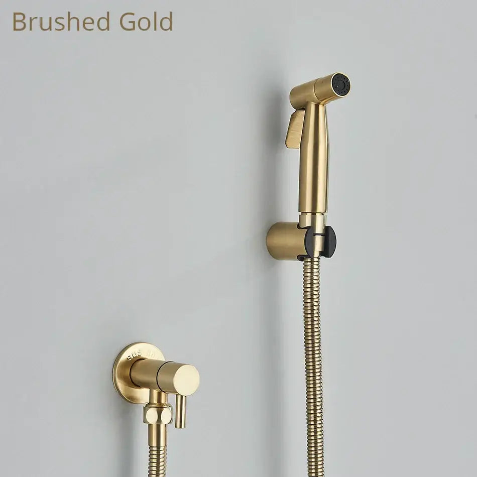 Modern rectangular brass bidet faucet sprayer in brushed gold with black accents and flexible braided hose decorbites brass bidet