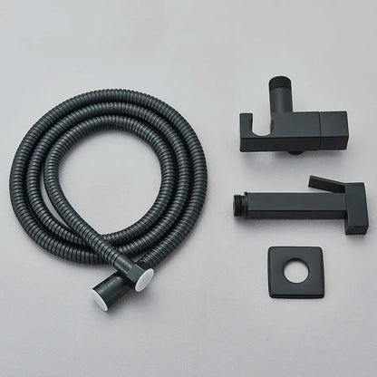 Modern rectangular brass bidet faucet bathroom sprayer in black matte with coiled hose and square fixtures for decorbites brass bidet
