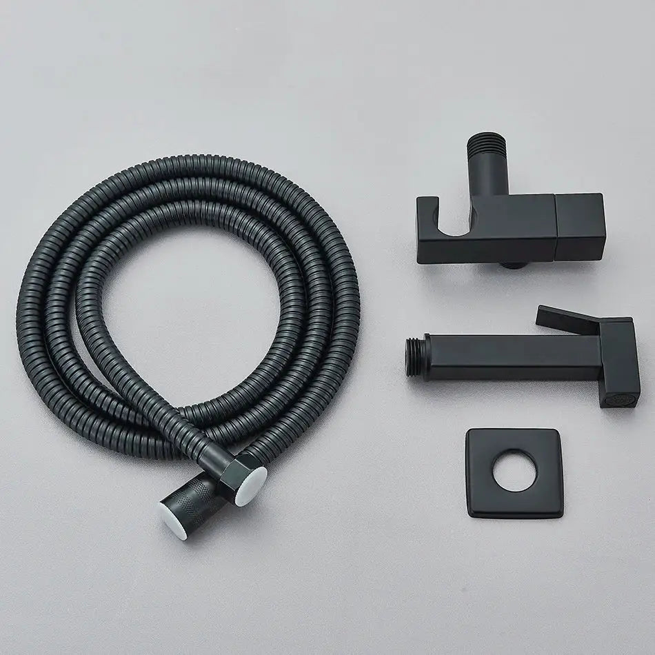 Modern rectangular brass bidet faucet bathroom sprayer in black matte with coiled hose and square fixtures for decorbites brass bidet