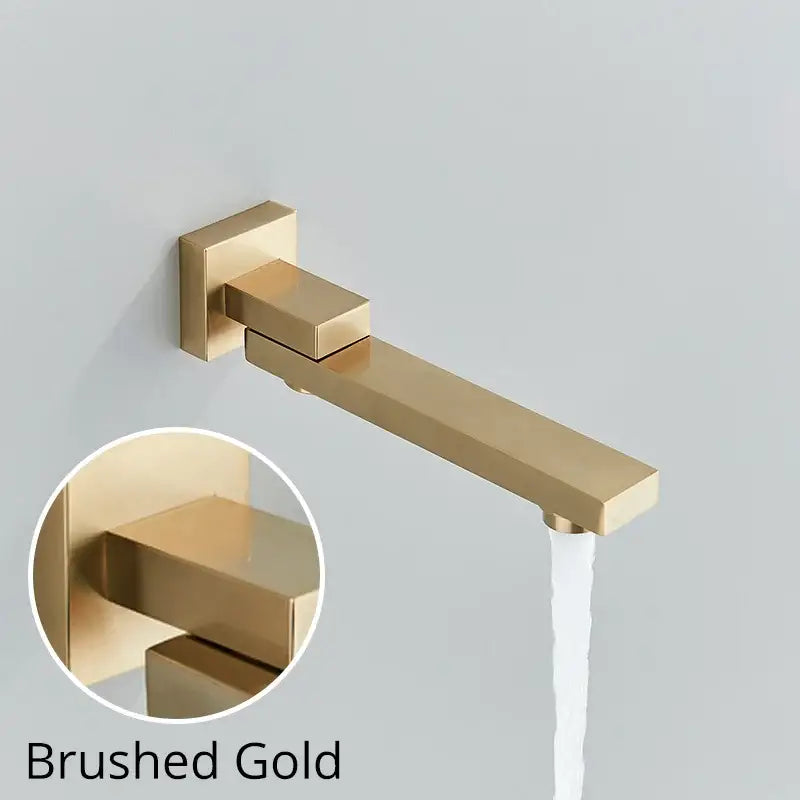 Brushed gold modern wall-mounted faucet with sleek rectangular spout and square base in decorbites brass chrome style
