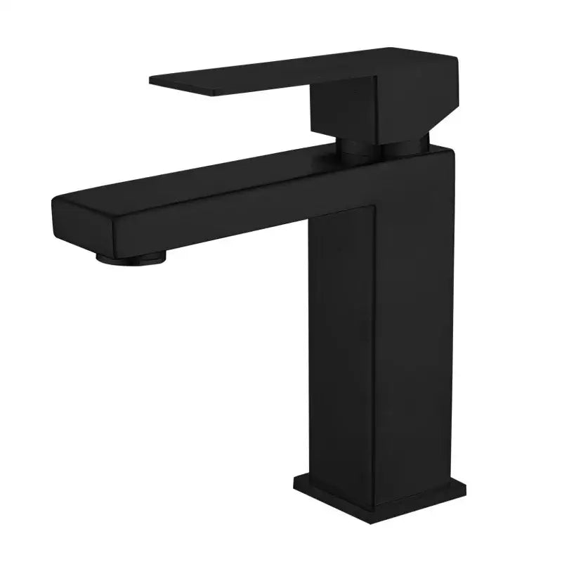 Modern rectangular brushed gold basin faucet with a black matte finish and angular minimalist design by decorbites brushed gold