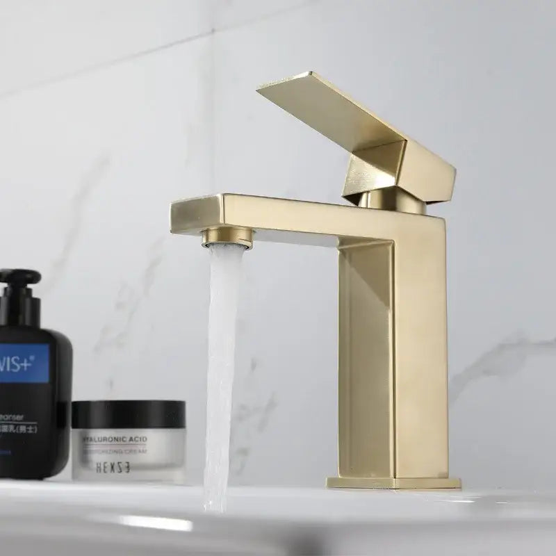 Modern rectangular brushed gold basin faucet with sleek geometric design and decorbites brushed gold metal finish