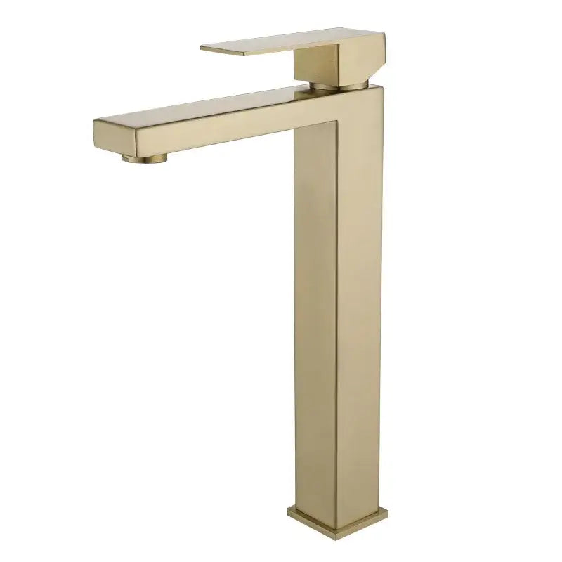 Modern rectangular brushed gold basin faucet with a sleek design and minimalist handle by decorbites brushed gold