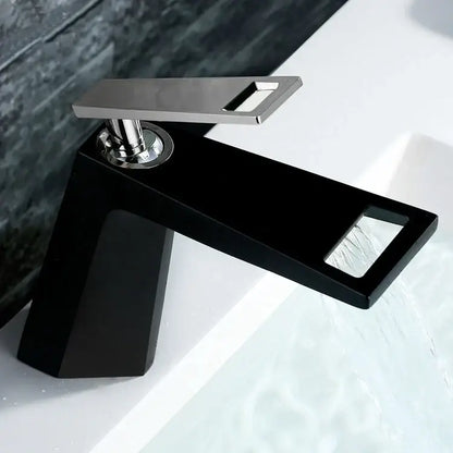 Modern rectangular brushed nickel bathroom sink faucet with sleek black angular design and chrome accents by decorbites brushed nickel