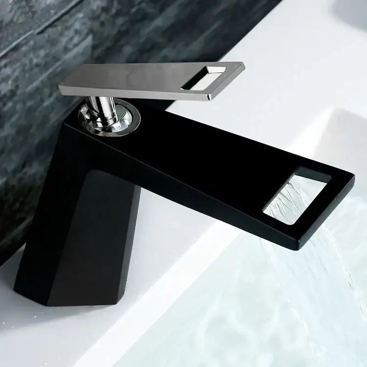 Modern rectangular brushed nickel bathroom sink faucet with sleek black angular design and chrome accents by decorbites brushed nickel