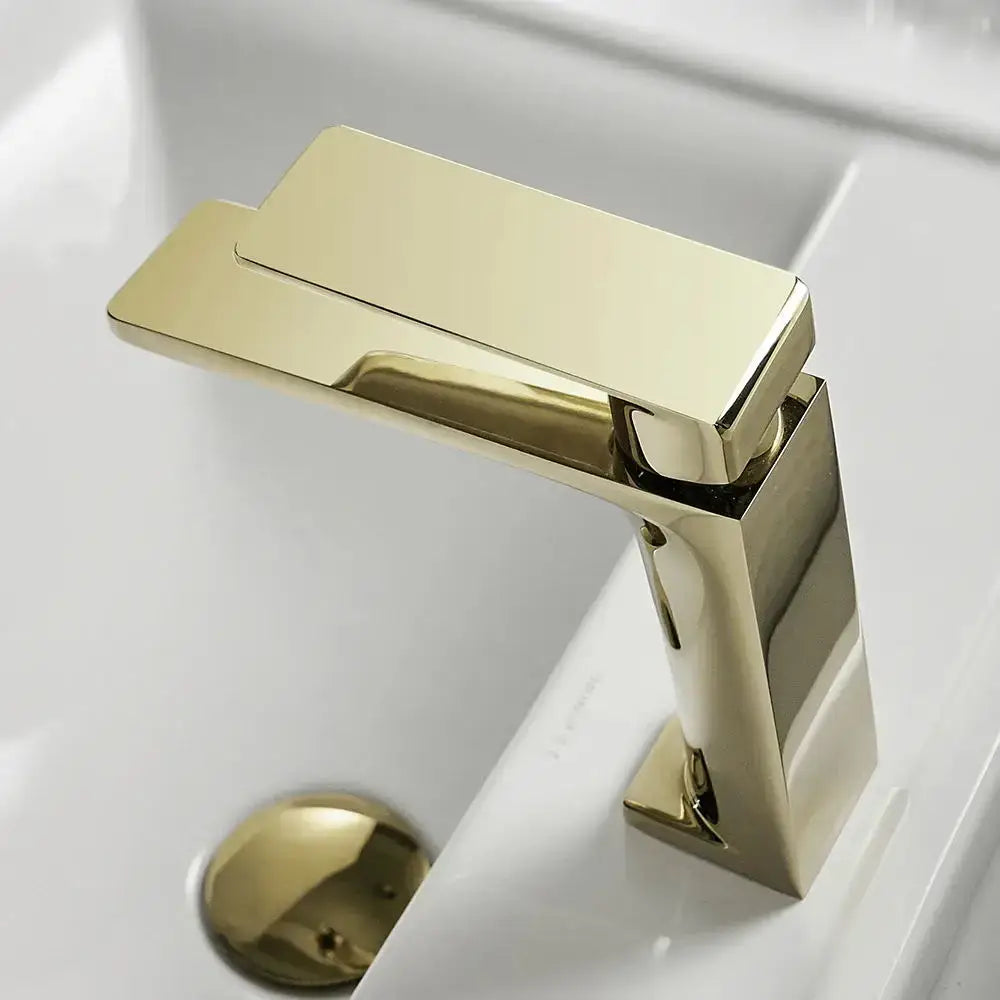 Modern rectangular brushed nickel bathroom sink faucet with a sleek minimalist gold-toned design by decorbites brushed nickel