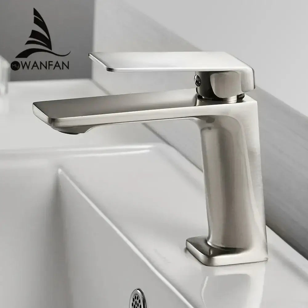 Modern rectangular brushed nickel bathroom sink faucet with single-handle brushed nickel decorbites design