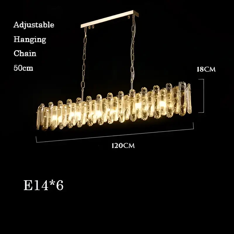 Modern rectangular brushed nickel crystal dimmable pendant light with six e14 bulbs and hanging chains for bedroom decorbites pendant light