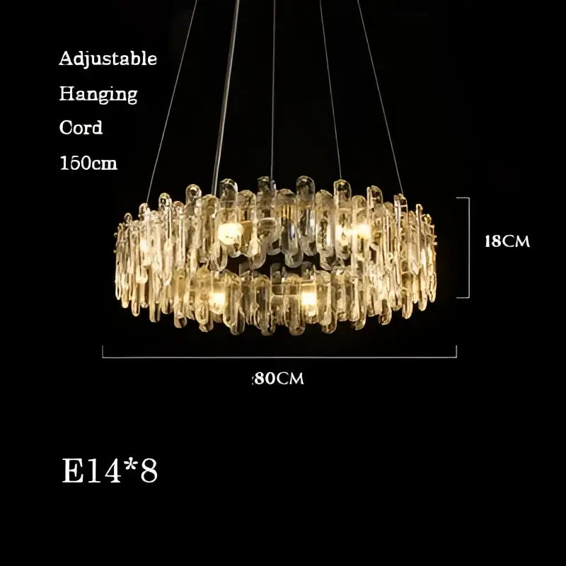 Modern rectangular brushed nickel crystal dimmable pendant light featuring a circular crystal dimmable pendant with eight bulbs