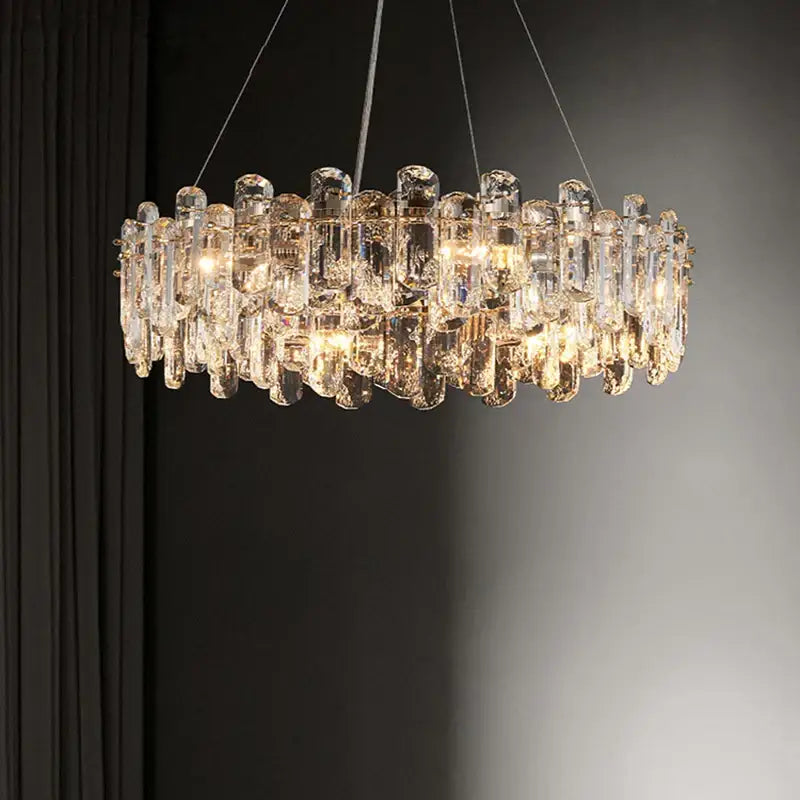 Modern rectangular brushed nickel pendant light with clear faceted glass tubes in a decorbites crystal dimmable design
