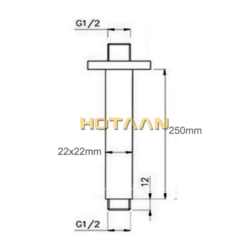 Modern rectangular chrome brass chromed shower arm with 250mm threaded rod and integrated flange for bathroom wall mount