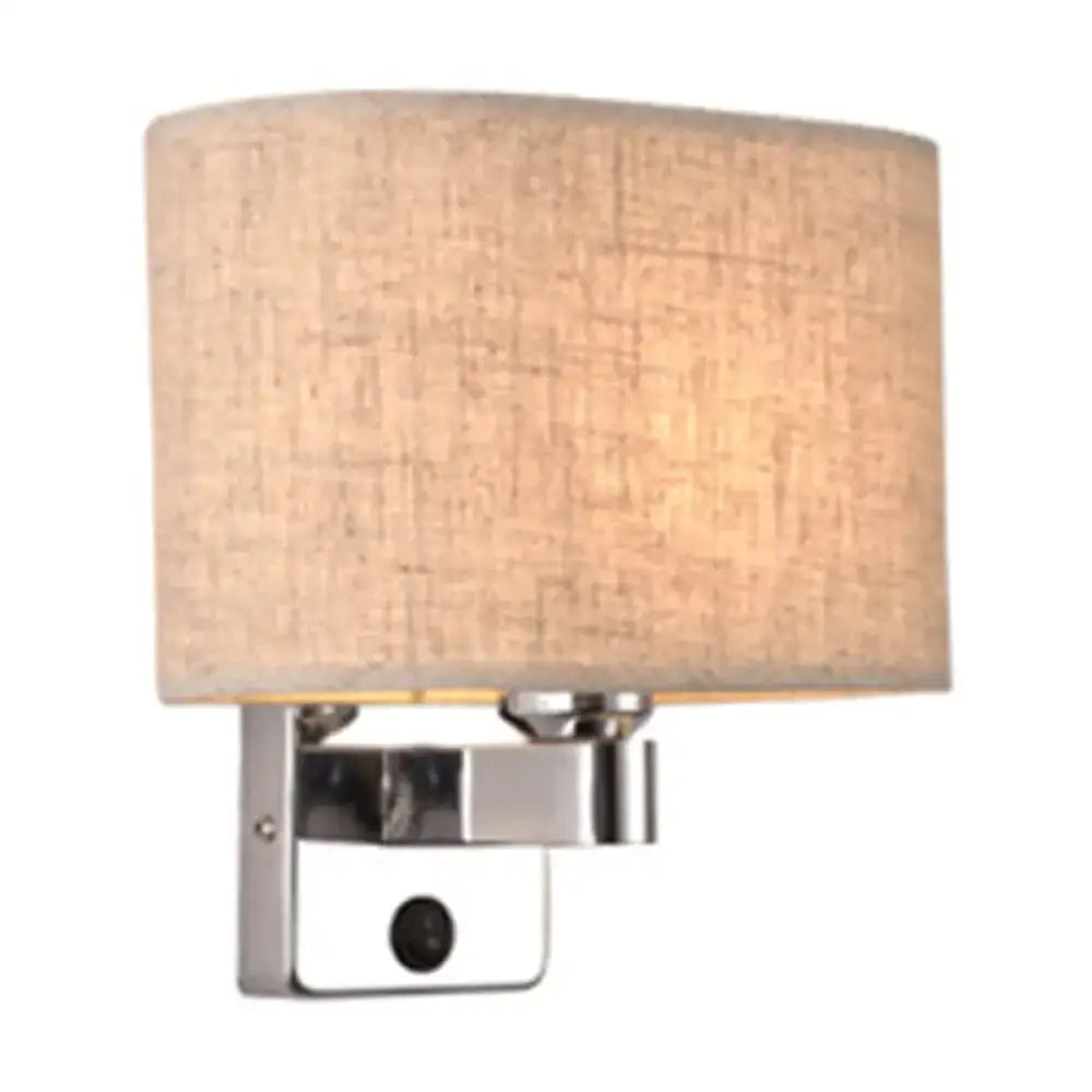 Modern rectangular chrome wall sconce with white beige fabric shade and beige linen-textured cylindrical design