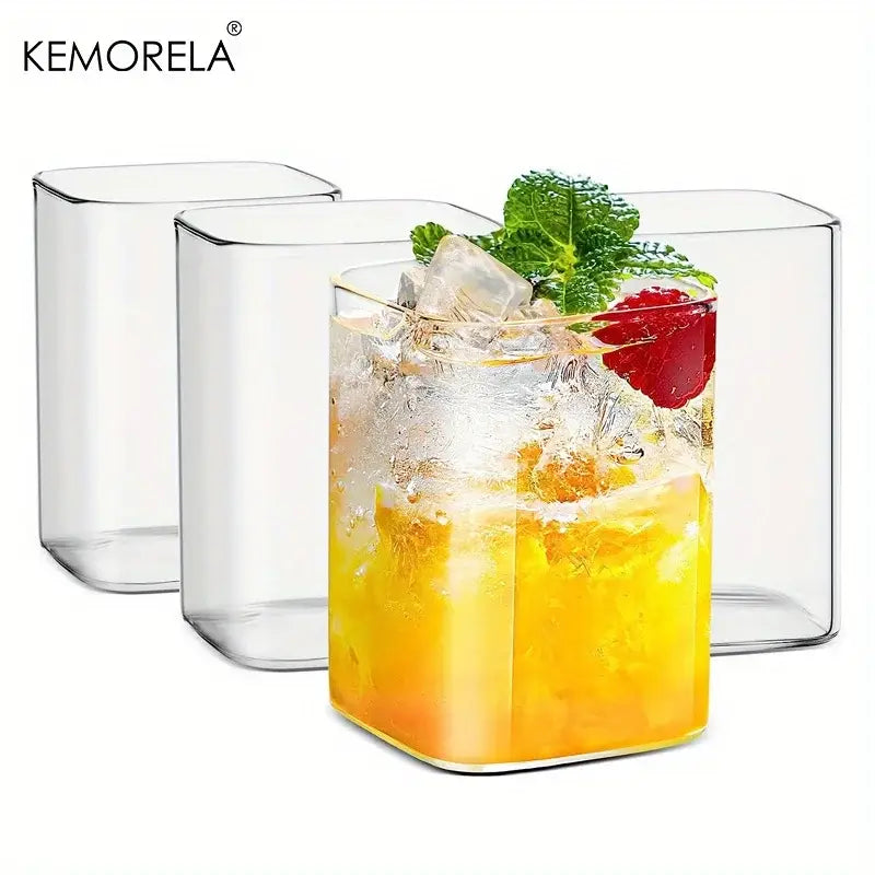 Modern rectangular clear highball glasses set featuring minimalist glassware ideal for dining room use