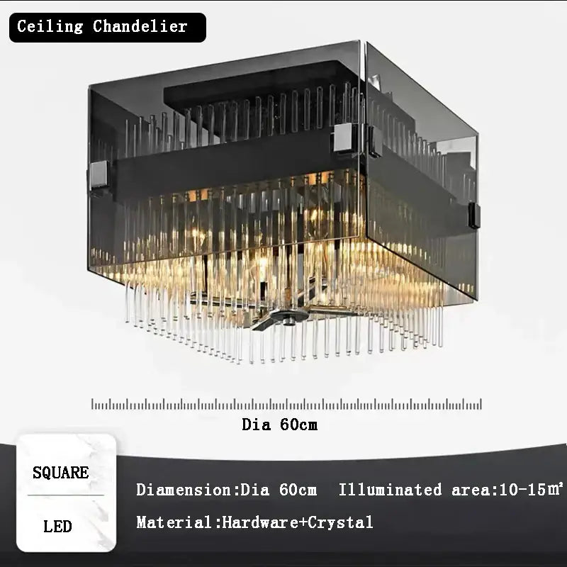 Modern rectangular crystal glass pendant chandelier with sleek black frame and cascading prisms for dining room decorbites crystal glass