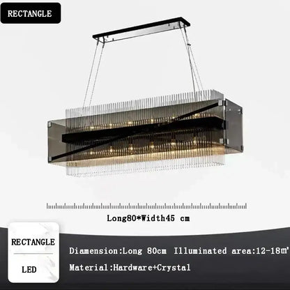 Modern rectangular crystal glass pendant chandelier with a sleek black frame and transparent rods for dining room decorbites crystal glass