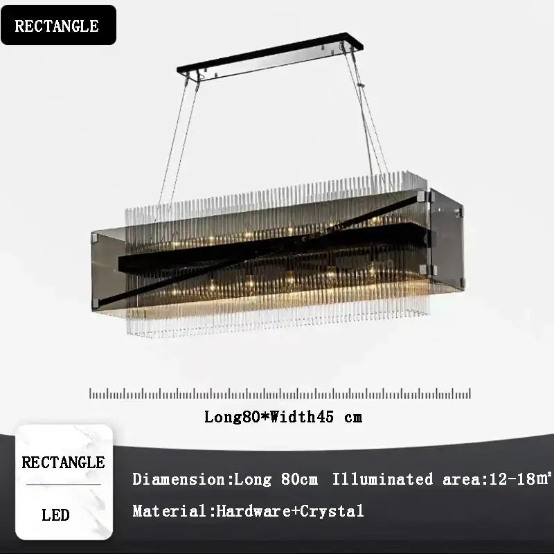 Modern rectangular crystal glass pendant chandelier with a sleek black frame and transparent rods for dining room decorbites crystal glass