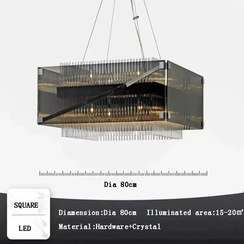 Modern rectangular crystal glass pendant chandelier with sleek black frame and cascading crystals for dining room decorbites crystal glass