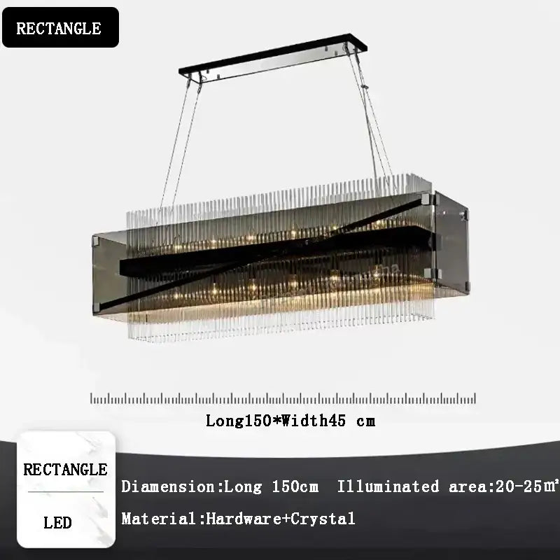 Modern rectangular crystal glass pendant chandelier with sleek black frame and hanging crystal rods illuminated by led lights