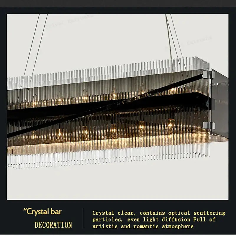 Modern rectangular crystal glass pendant chandelier with clear faceted rods and black accents for dining room decorbites crystal glass