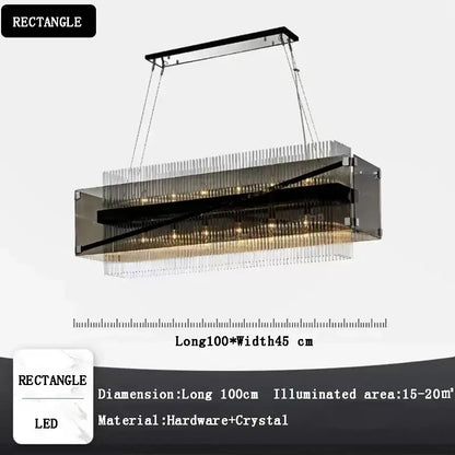 Modern rectangular crystal glass pendant chandelier with sleek black frame and warm LED lighting for dining room decorbites crystal glass