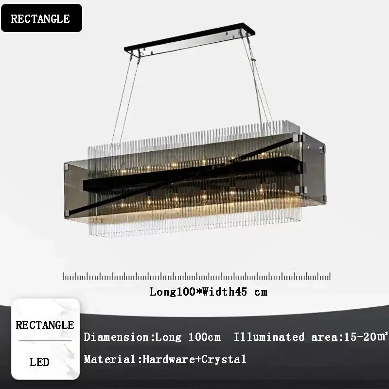 Modern rectangular crystal glass pendant chandelier with sleek black frame and warm LED lighting for dining room decorbites crystal glass