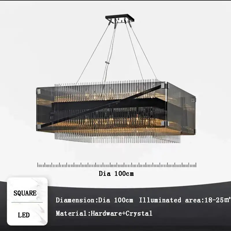 Modern rectangular crystal glass pendant chandelier with sleek black frame and led light for dining room decorbites crystal glass