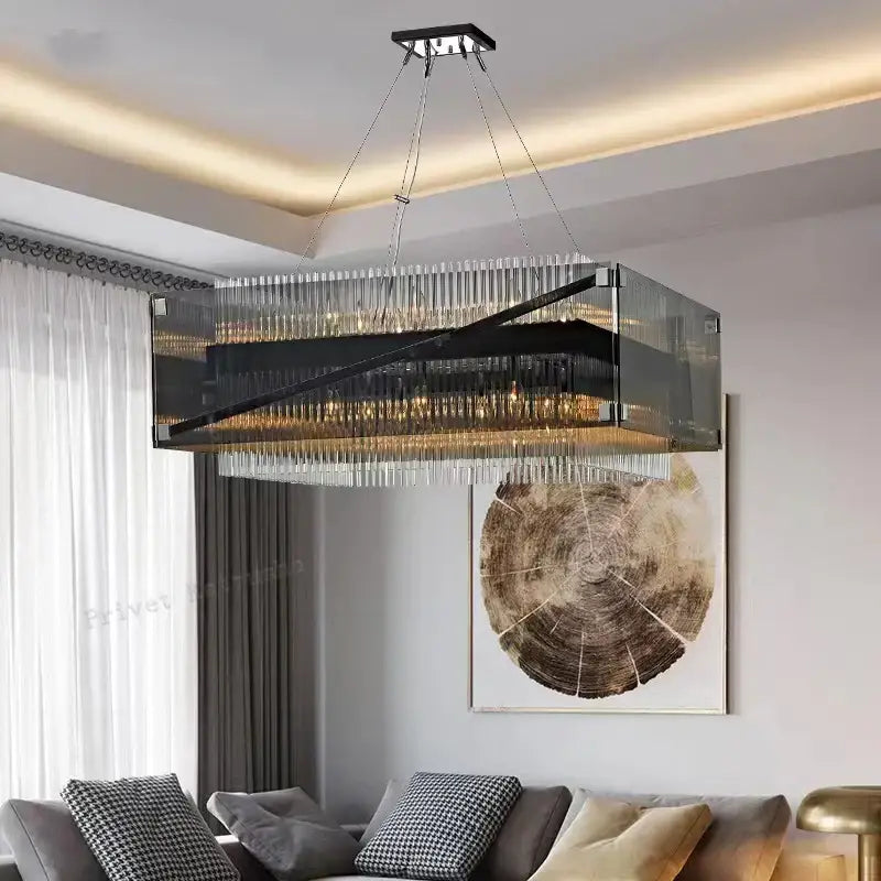Modern rectangular crystal glass pendant chandelier with black metal frame and cascading prisms for dining room decorbites crystal glass