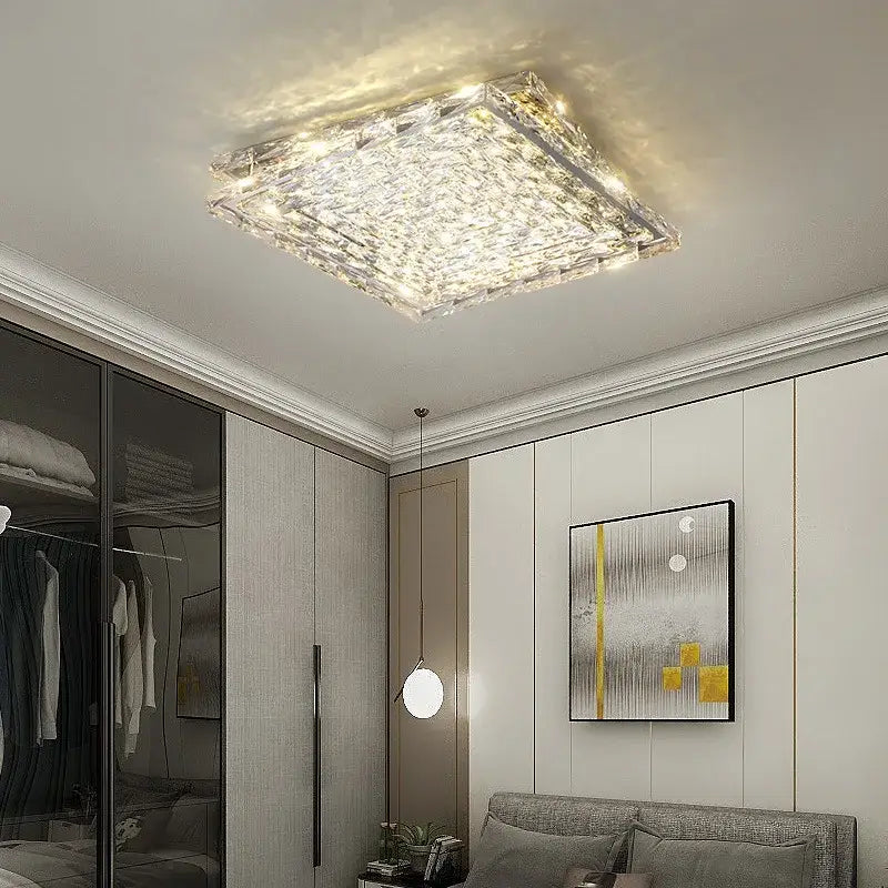 Modern rectangular crystal led ceiling chandelier with textured design and warm ambient glow for living room decorbites crystal led