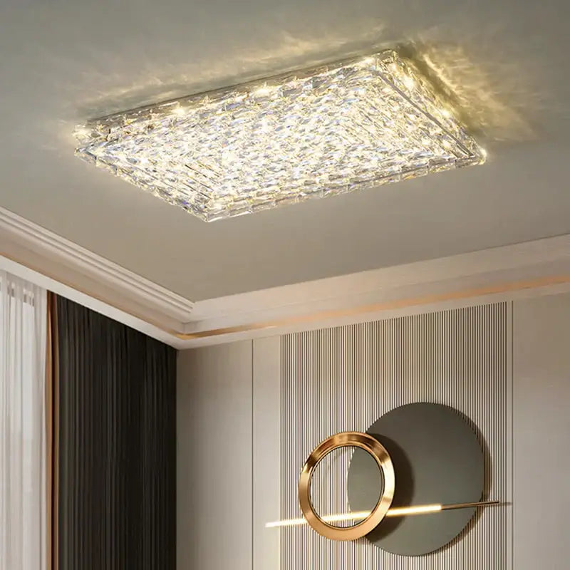 Modern rectangular crystal led ceiling chandelier with faceted design and warm ambient glow for living room decorbites crystal led