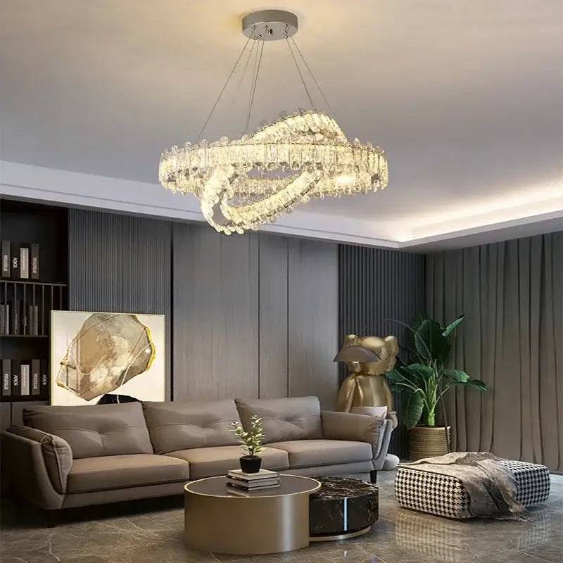 Modern rectangular decorbites crystal led ceiling lighting fixture with crystal-encrusted chandelier and metallic base for dining room