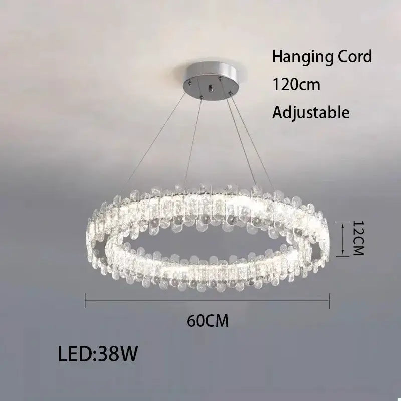 Modern rectangular decorbites crystal led ceiling lighting fixture with double-ring chandelier and clear crystal droplets chrome mount