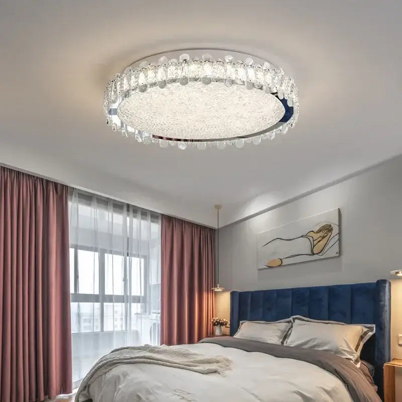 Modern rectangular decorbites crystal led ceiling lighting fixture with chrome frame and dangling crystal droplets for dining room