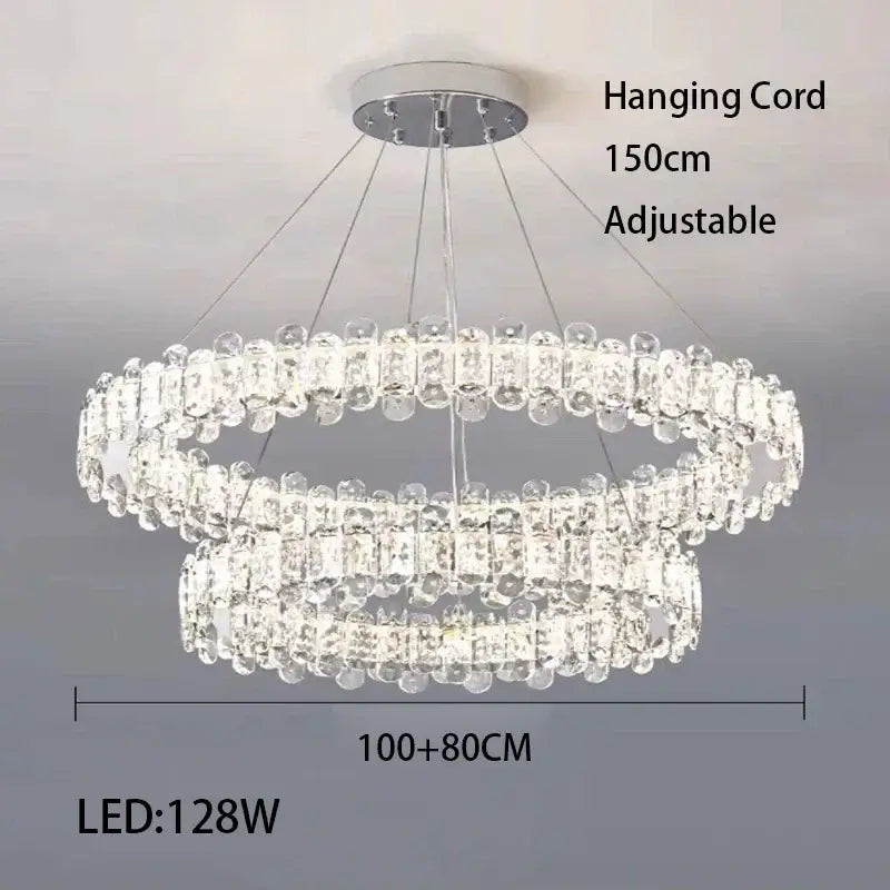 A modern rectangular decorbites crystal led ceiling lighting fixture with clear crystal elements in chrome finish for dining room