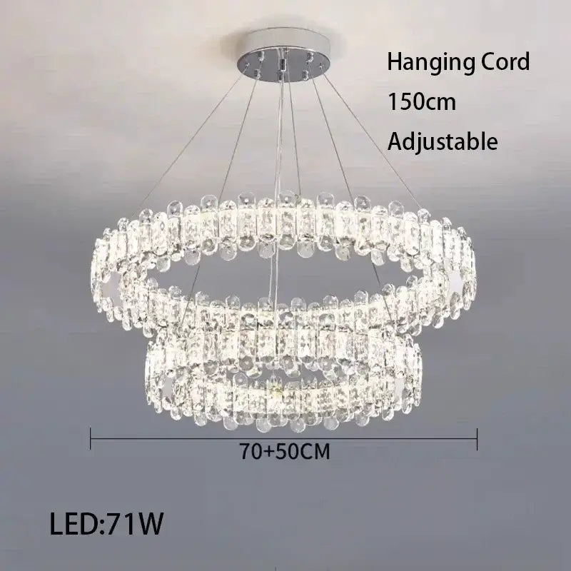 Modern rectangular crystal led ceiling lighting fixture featuring a double-ring chandelier with clear crystal accents and chrome finish