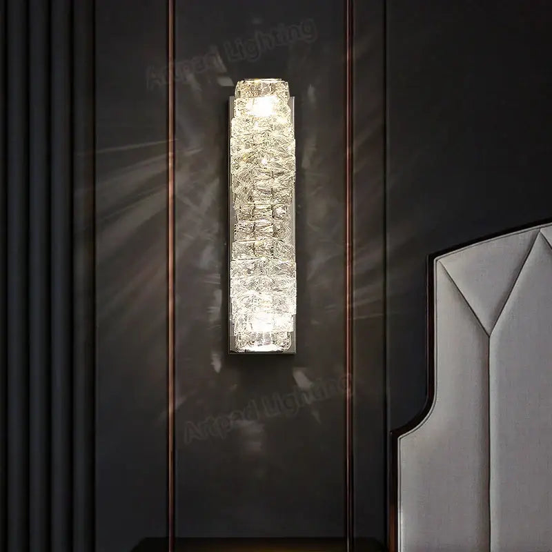 Modern rectangular crystal wall lamp with clear faceted design and warm white led lighting for bedroom decorbites wall lamp