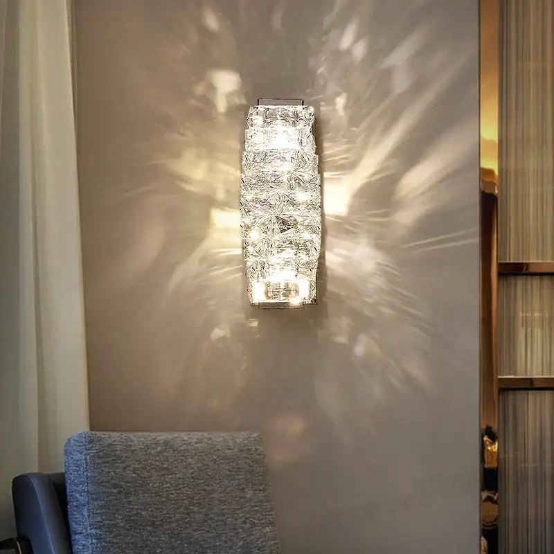 Modern rectangular crystal wall lamp with layered crystal design and warm led lighting for bedroom decorbites wall lamp