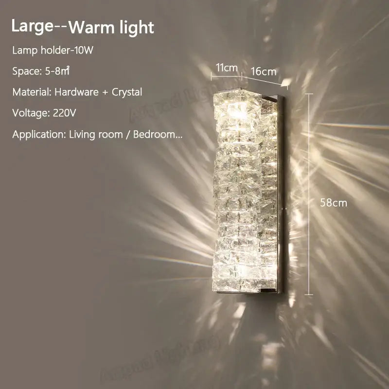 A sleek 58cm modern rectangular crystal wall lamp with stacked crystal cubes in metallic hardware for bedroom decorbites crystal wall use