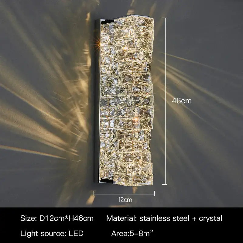 Modern rectangular crystal wall sconce with stainless steel frame and warm led light for bedroom decorbites crystal wall