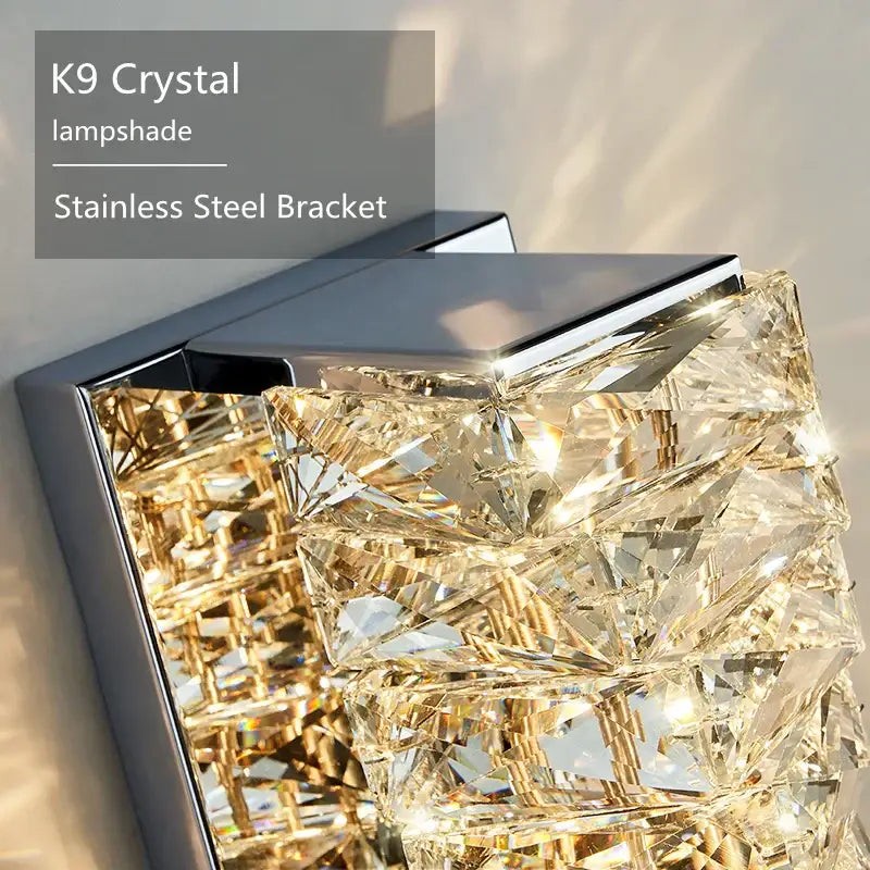 Modern rectangular crystal wall sconce with clear k9 crystals and sleek stainless steel bracket for bedroom decorbites crystal wall lighting
