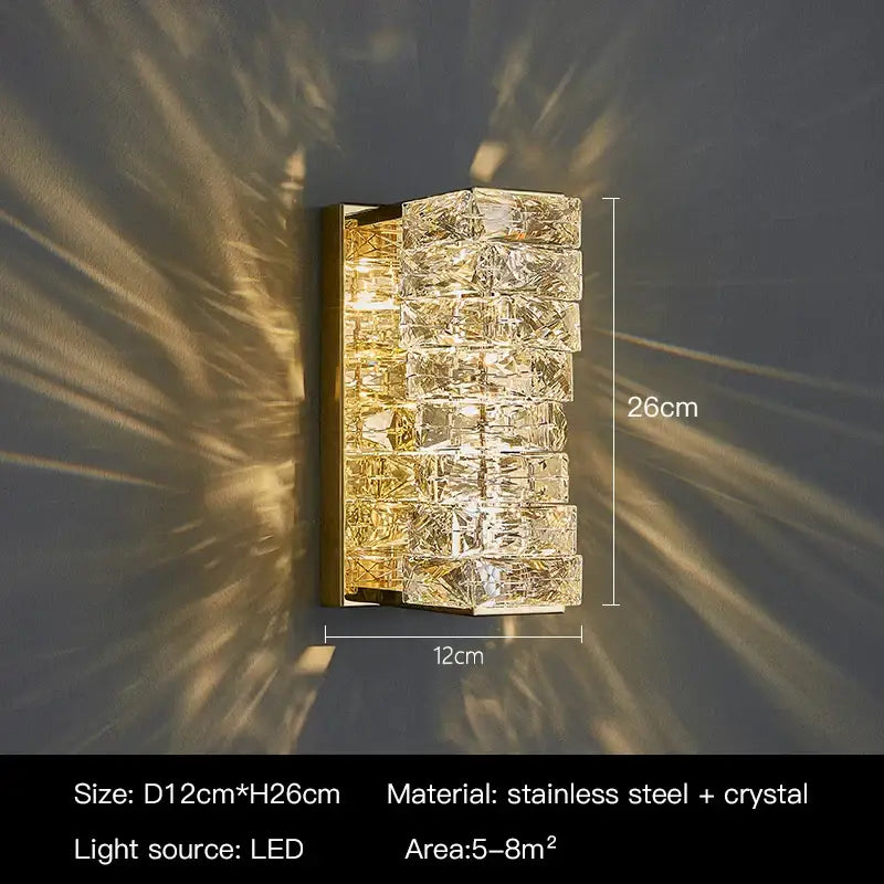 Modern rectangular crystal wall sconce with stacked faceted crystal blocks in stainless steel for bedroom decorbites crystal wall use