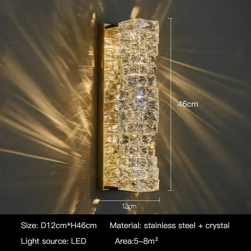 A modern rectangular crystal wall sconce with stacked faceted crystals in stainless steel for bedroom decorbites crystal wall lighting