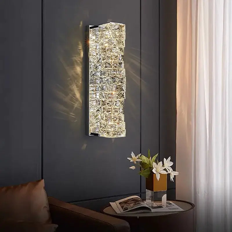 Modern rectangular crystal wall sconce with textured design and warm led illumination for bedroom decorbites crystal wall use