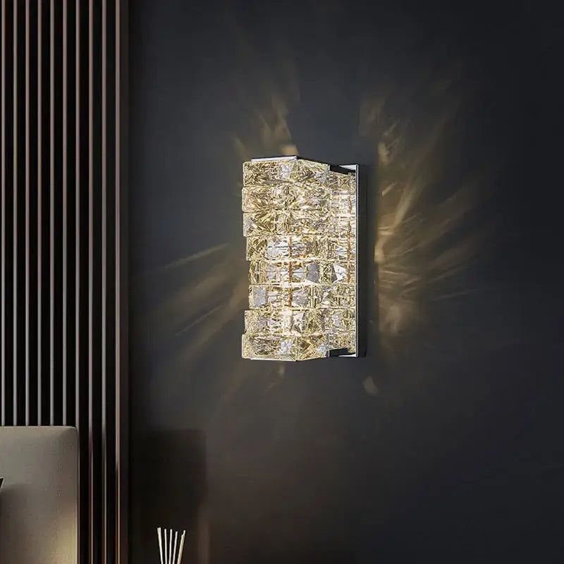 Modern rectangular crystal wall sconce with stacked clear glass and chrome frame for elegant bedroom decorbites crystal wall lighting